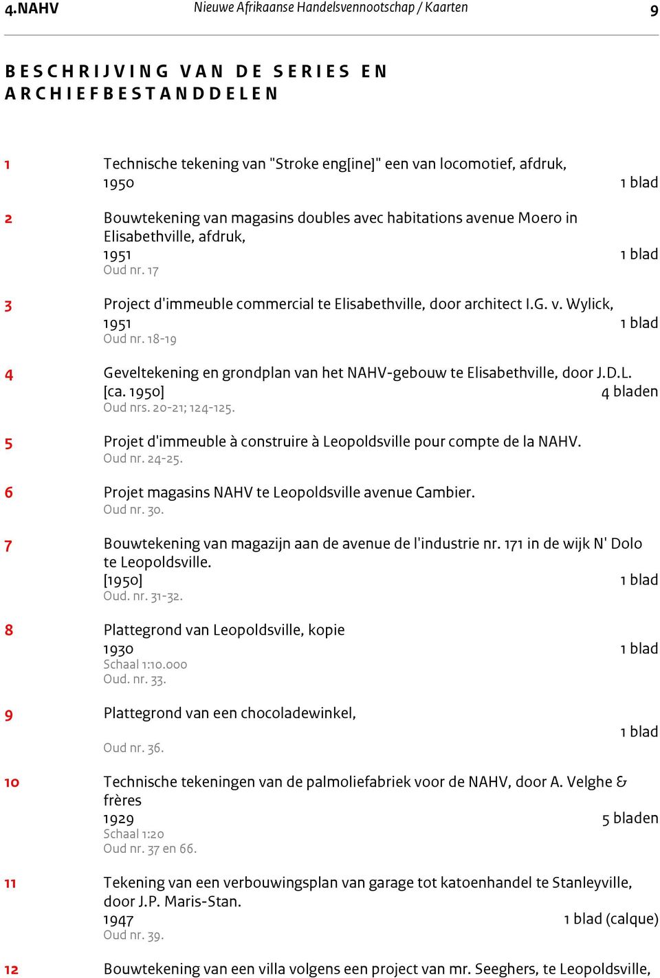 17 3 Project d'immeuble commercial te Elisabethville, door architect I.G. v. Wylick, 1951 1 blad Oud nr. 18-19 4 Geveltekening en grondplan van het NAHV-gebouw te Elisabethville, door J.D.L. [ca.