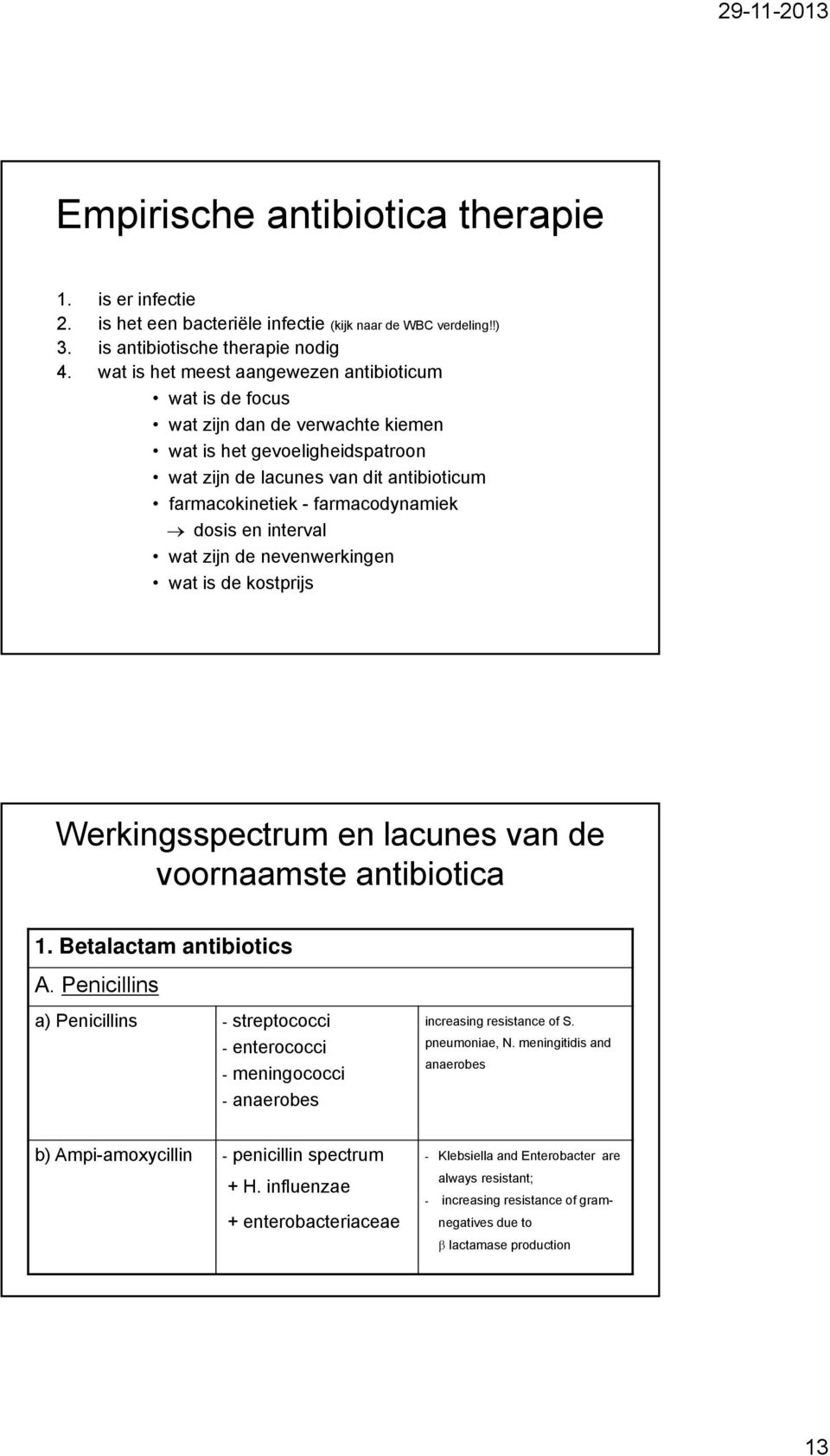 dosis en interval wat zijn de nevenwerkingen wat is de kostprijs Werkingsspectrum en lacunes van de voornaamste antibiotica 1. Betalactam antibiotics A.