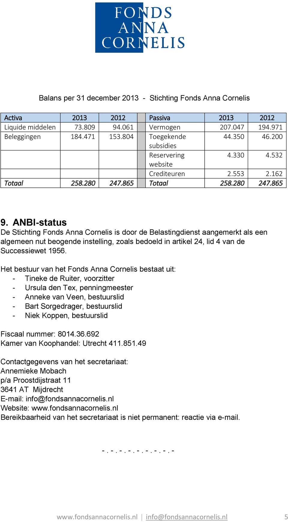 ANBI-status De Stichting Fonds Anna Cornelis is door de Belastingdienst aangemerkt als een algemeen nut beogende instelling, zoals bedoeld in artikel 24, lid 4 van de Successiewet 1956.