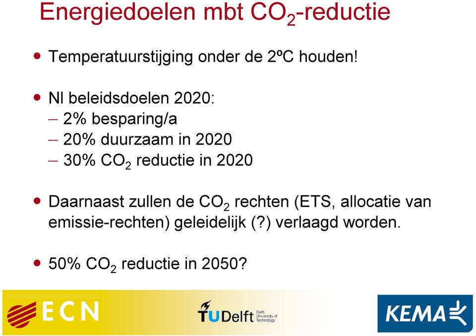 Nl beleidsdoelen 2020: 2% besparing/a 20% duurzaam in 2020 30% CO 2