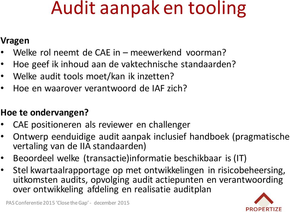 CAE positioneren als reviewer en challenger Ontwerp eenduidige auditaanpak inclusief handboek (pragmatische vertaling van de IIA standaarden)