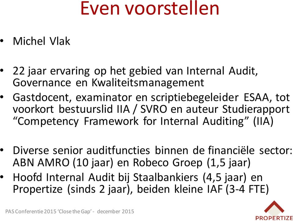 Framework for Internal Auditing (IIA) Diverse senior auditfuncties binnen de financiële sector: ABN AMRO (10 jaar) en