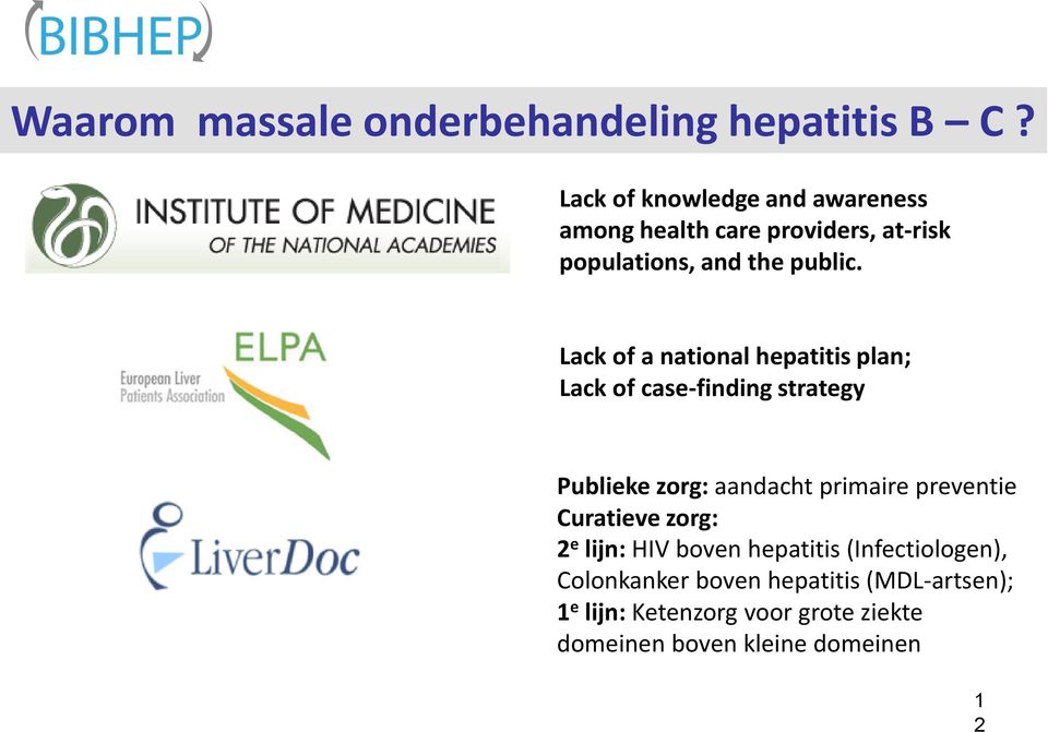 Lack of a national hepatitis plan; Lack of case-finding strategy Publieke zorg: aandacht primaire preventie