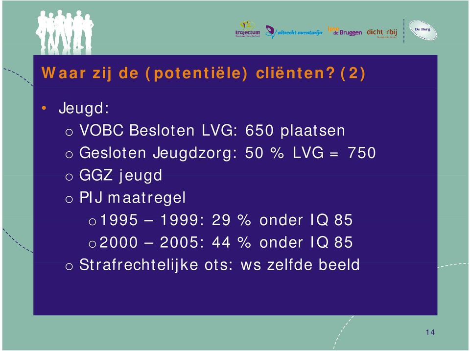 Jeugdzorg: 50 % LVG = 750 o GGZ jeugd o PIJ maatregel o 1995