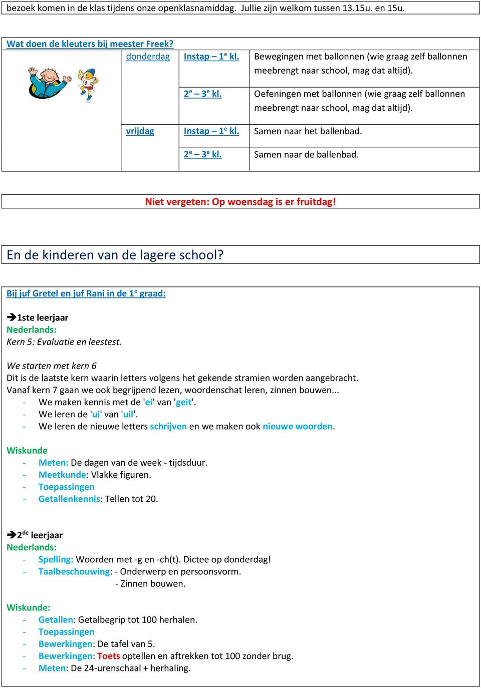 vrijdag Instap 1 e kl. Samen naar het ballenbad. 2 e 3 e kl. Samen naar de ballenbad. Niet vergeten: Op woensdag is er fruitdag! En de kinderen van de lagere school?