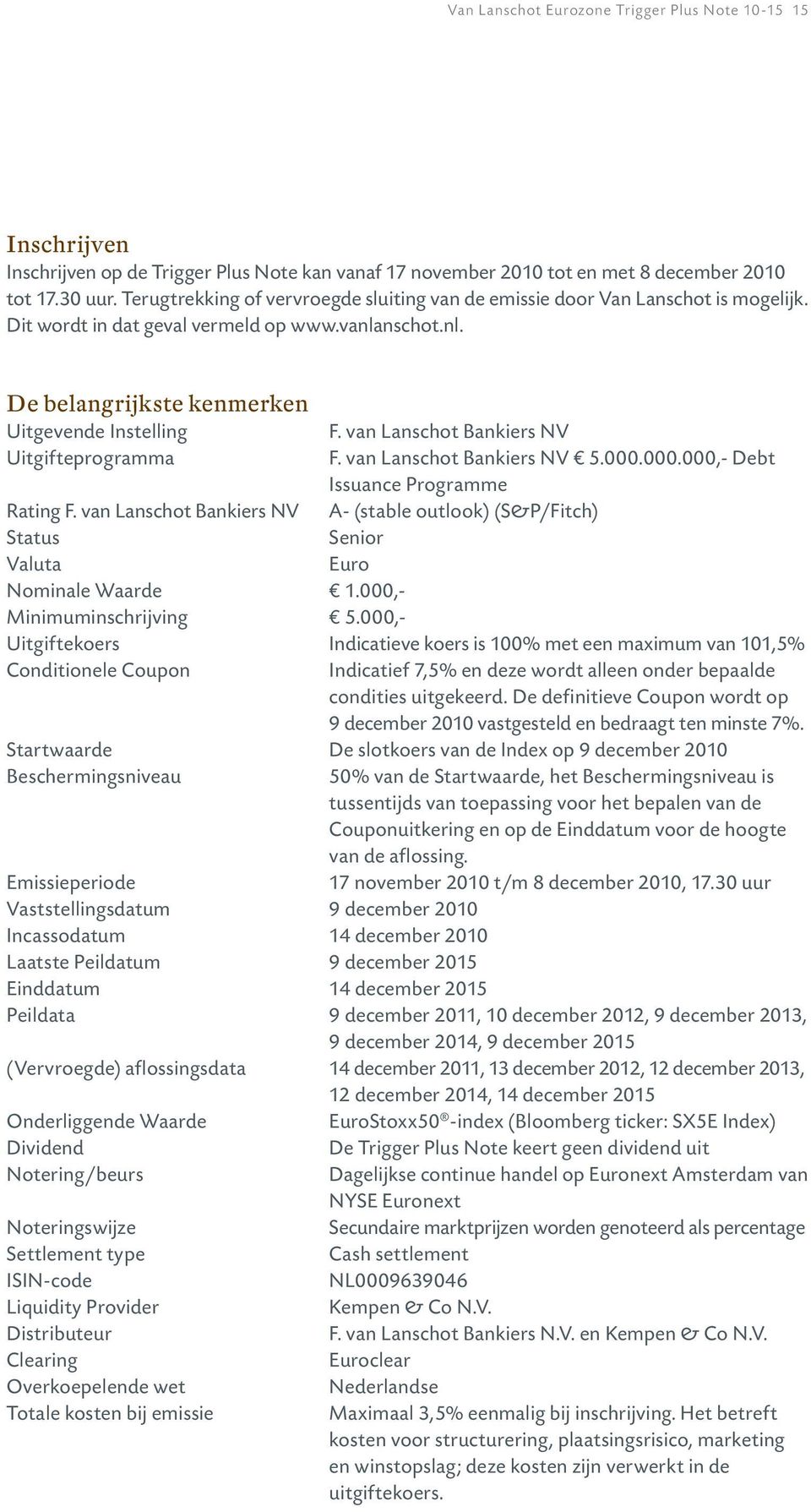 van Lanschot Bankiers NV F. van Lanschot Bankiers NV 5.000.000.000,- Debt Issuance Programme A- (stable outlook) (S&P/Fitch) Senior Euro Rating F.