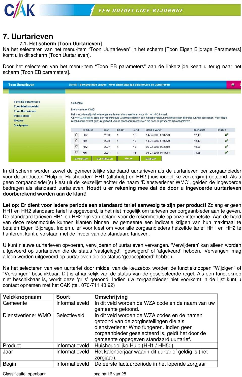 In dit scherm worden zowel de gemeentelijke standaard uurtarieven als de uurtarieven per zorgaanbieder voor de producten Hulp bij Huishouden HH1 (alfahulp) en HH2 (huishoudelijke verzorging) getoond.