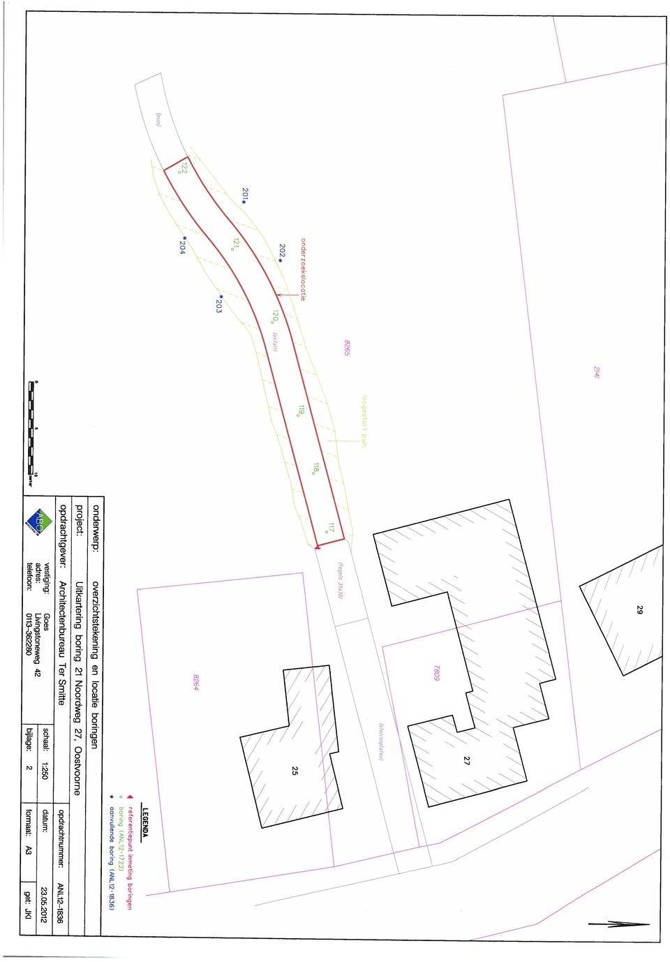 Noordweg 27, Oostvoorne onderwerp: overzichtstekening en locatie boringen #