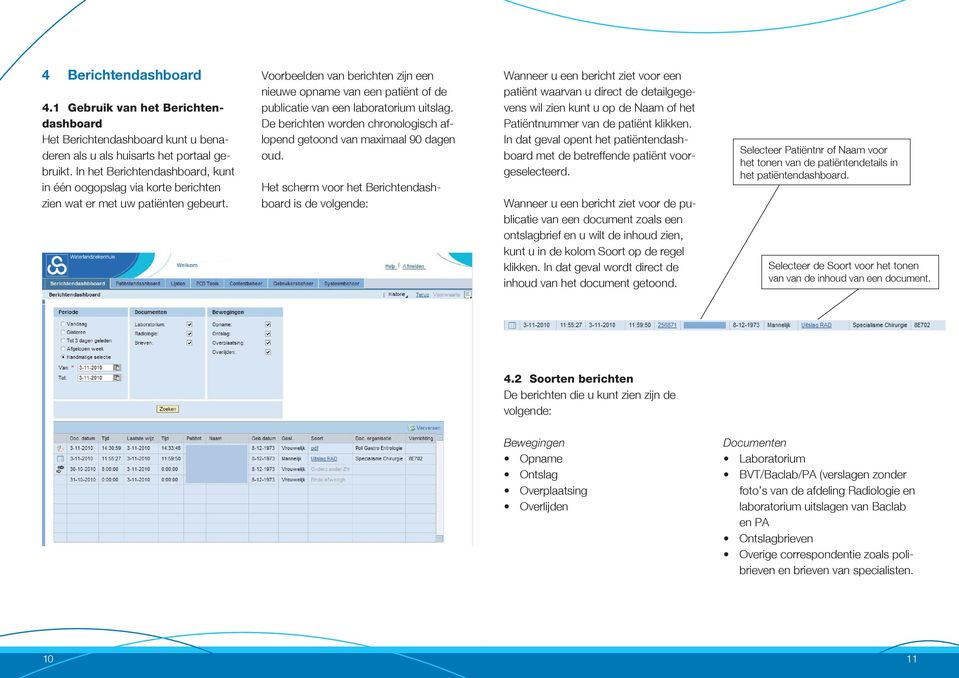 Voorbeelden van berichten zijn een nieuwe opname van een patiënt of de publicatie van een laboratorium uitslag. De berichten worden chronologisch aflopend getoond van maximaal 90 dagen oud.