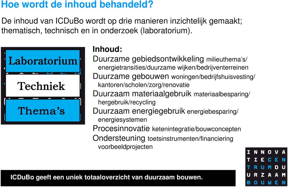 kantoren/scholen/zorg/renovatie Duurzaam materiaalgebruik materiaalbesparing/ hergebruik/recycling Duurzaam energiegebruik energiebesparing/ energiesystemen