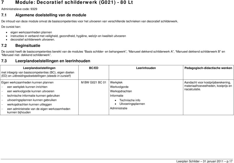 De cursist kan: eigen werkzaamheden plannen instructies in verband met veiligheid, gezondheid, hygiëne, welzijn en kwaliteit uitvoeren decoratief schilderwerk uitvoeren. 7.