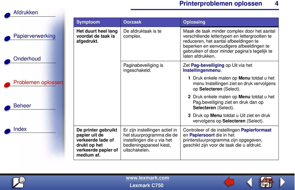 pagina's tegelijk te laten afdrukken. Zet Pag-beveiliging op Uit via het Instellingenmenu. 1 Druk enkele malen op Menu totdat u het menu Instellingen ziet en druk vervolgens op Selecteren (Select).