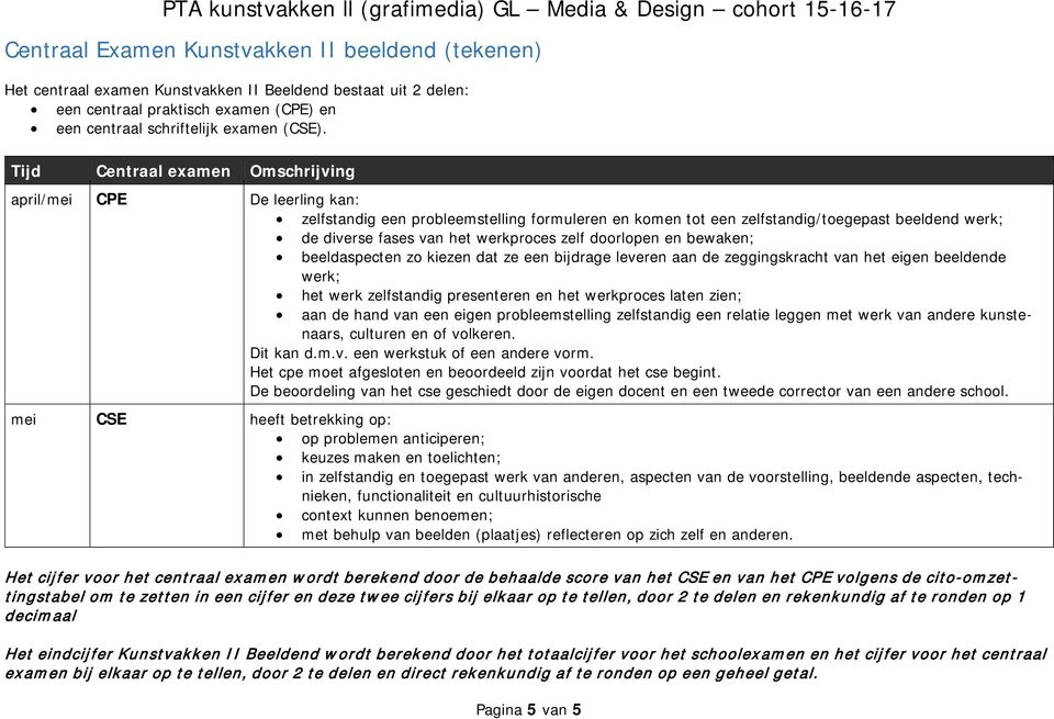 zelf doorlopen en bewaken; beeldaspecten zo kiezen dat ze een bijdrage leveren aan de zeggingskracht van het eigen beeldende werk; het werk zelfstandig presenteren en het werkproces laten zien; aan