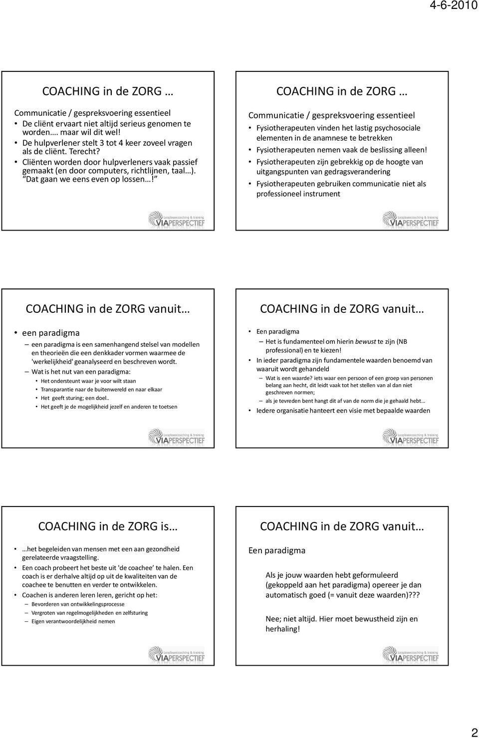 COACHINGin de ZORG Communicatie / gespreksvoering essentieel Fysiotherapeuten vinden het lastig psychosociale elementen in de anamnese te betrekken Fysiotherapeuten nemen vaak de beslissing alleen!