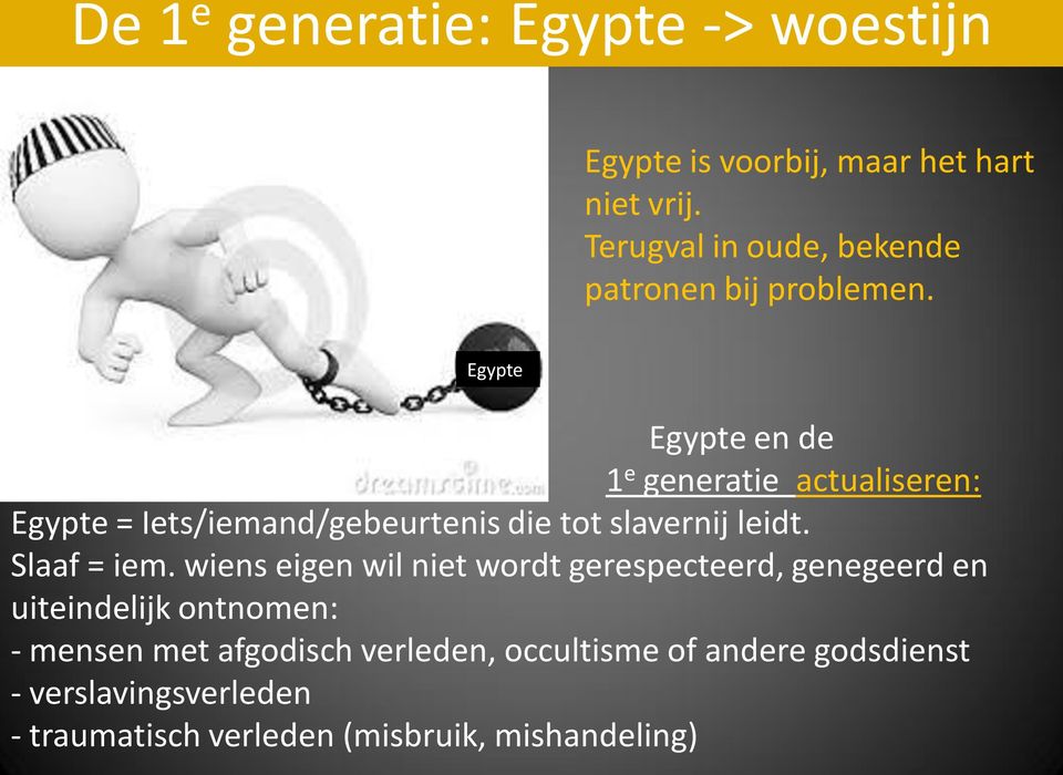 Egypte Egypte en de 1 e generatie actualiseren: Egypte = Iets/iemand/gebeurtenis die tot slavernij leidt.