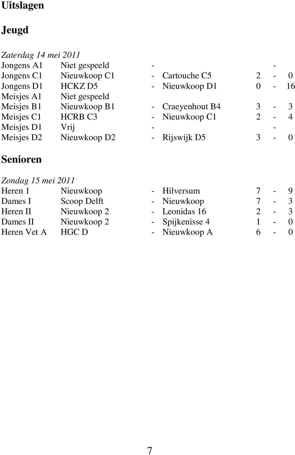 D1 Vrij - - Meisjes D2 Nieuwkoop D2 - Rijswijk D5 3-0 Senioren Zondag 15 mei 2011 Heren 1 Nieuwkoop - Hilversum 7-9 Dames I Scoop