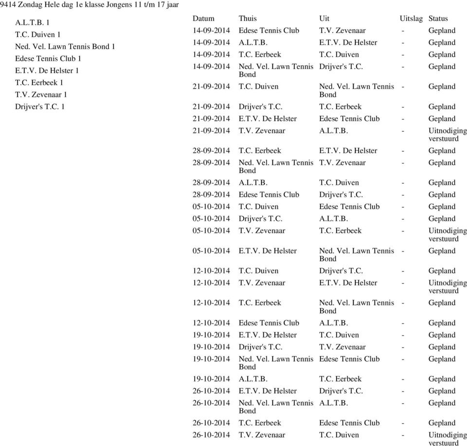 C. T.C. Eerbeek 21-09-2014 E.T.V. De Helster Edese Tennis Club 21-09-2014 T.V. Zevenaar A.L.T.B. - Uitnodiging 28-09-2014 T.C. Eerbeek E.T.V. De Helster 28-09-2014 Ned. Vel. Lawn Tennis T.V. Zevenaar 28-09-2014 A.