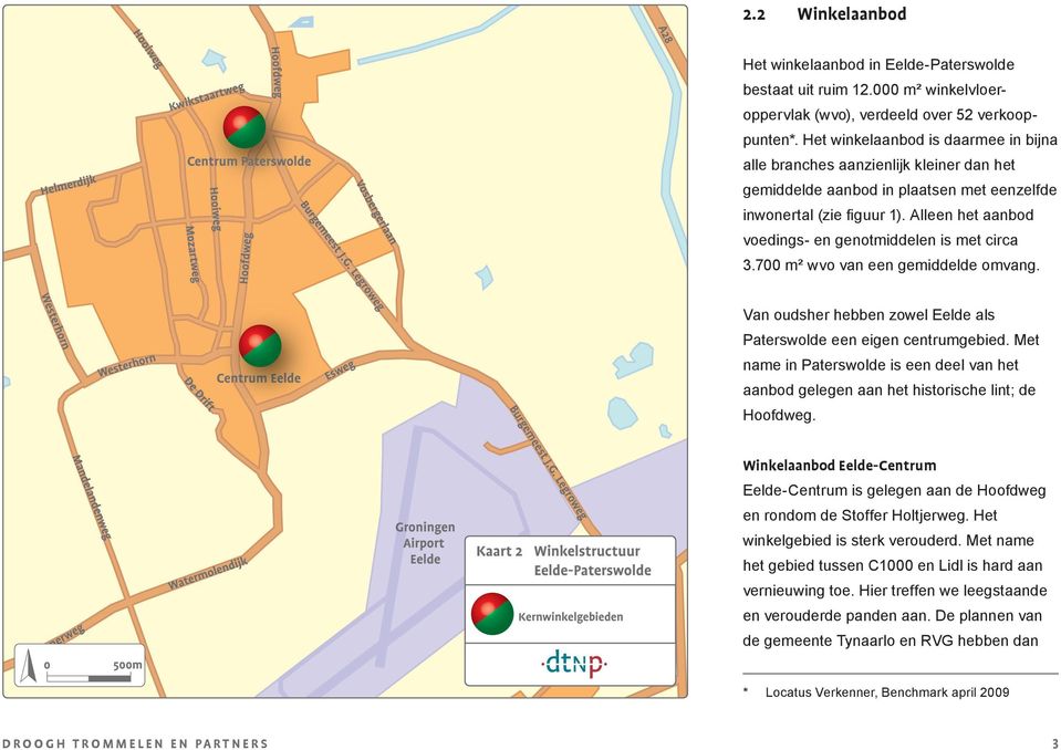 Alleen het aanbod voedings- en genotmiddelen is met circa 3.700 m² wvo van een gemiddelde omvang. Van oudsher hebben zowel Eelde als Paterswolde een eigen centrumgebied.