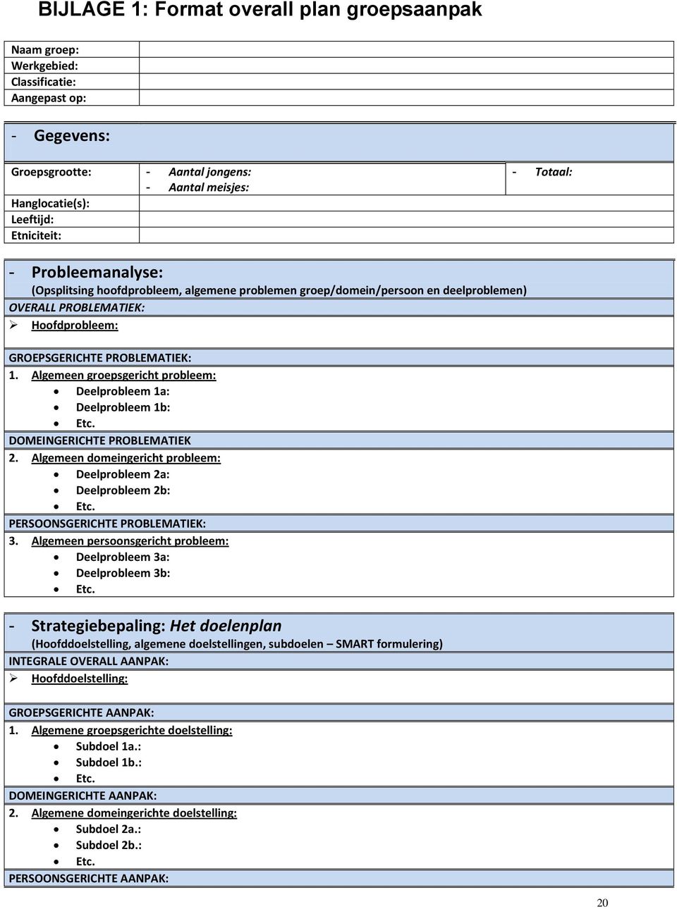 Algemeen groepsgericht probleem: Deelprobleem 1a: Deelprobleem 1b: Etc. DOMEINGERICHTE PROBLEMATIEK 2. Algemeen domeingericht probleem: Deelprobleem 2a: Deelprobleem 2b: Etc.