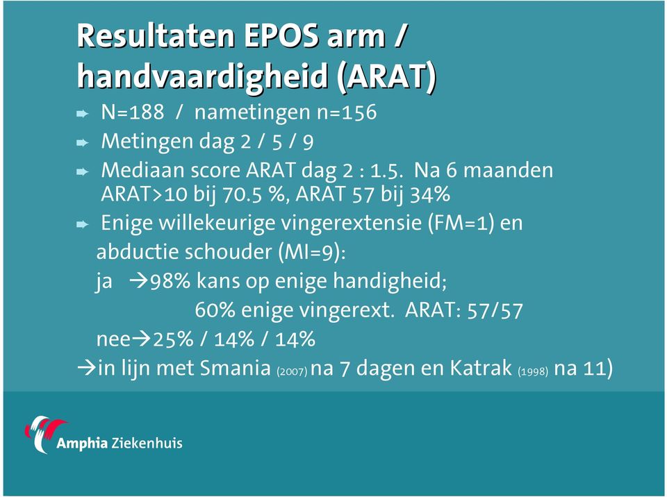 5 %, ARAT 57 bij 34% Enige willekeurige vingerextensie (FM=1) en abductie schouder (MI=9): ja 98% kans