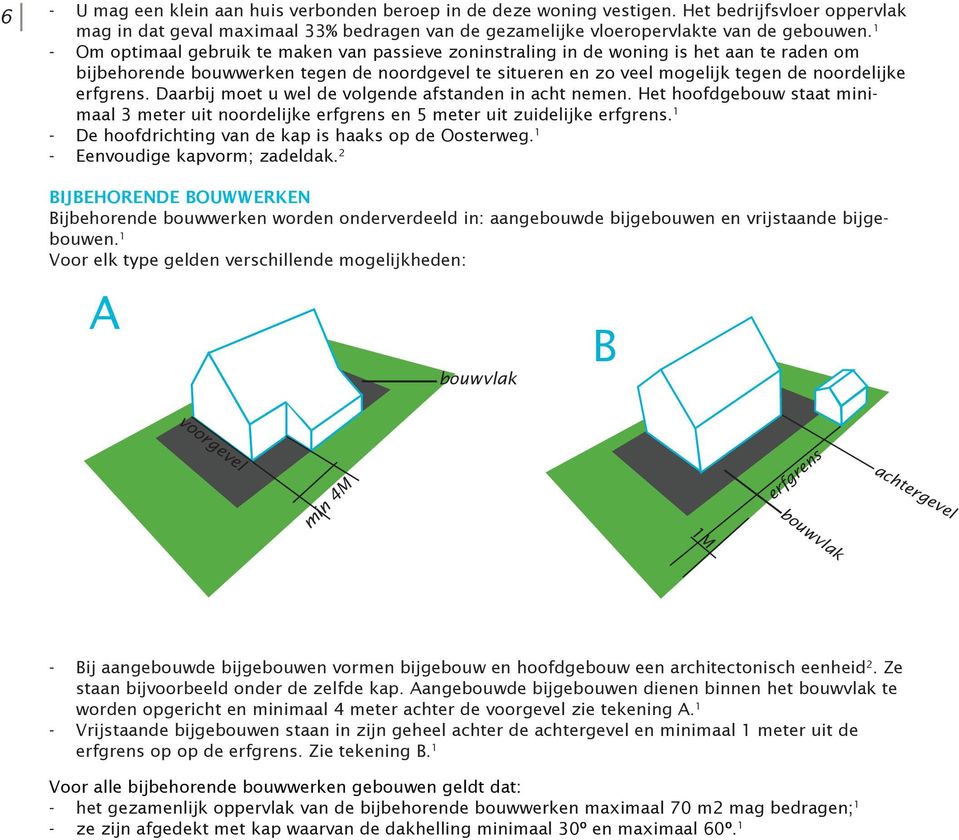 Daarbij moet u wel de volgende afstanden in acht nemen. Het hoofdgebouw staat minimaal 3 meter uit noordelijke erfgrens en 5 meter uit zuidelijke erfgrens.