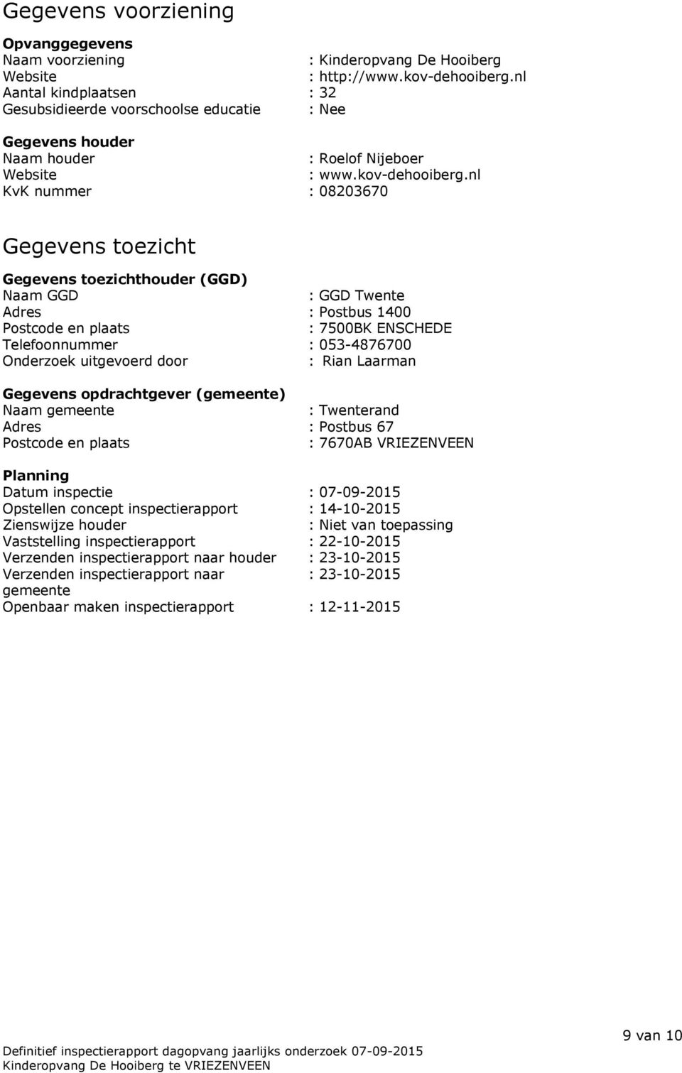 nl KvK nummer : 08203670 Gegevens toezicht Gegevens toezichthouder (GGD) Naam GGD : GGD Twente Adres : Postbus 1400 Postcode en plaats : 7500BK ENSCHEDE Telefoonnummer : 053-4876700 Onderzoek