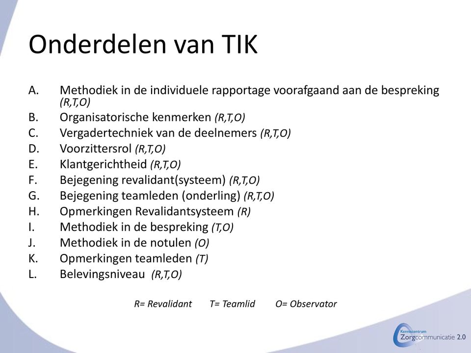 Klantgerichtheid (R,T,O) F. Bejegening revalidant(systeem) (R,T,O) G. Bejegening teamleden (onderling) (R,T,O) H.