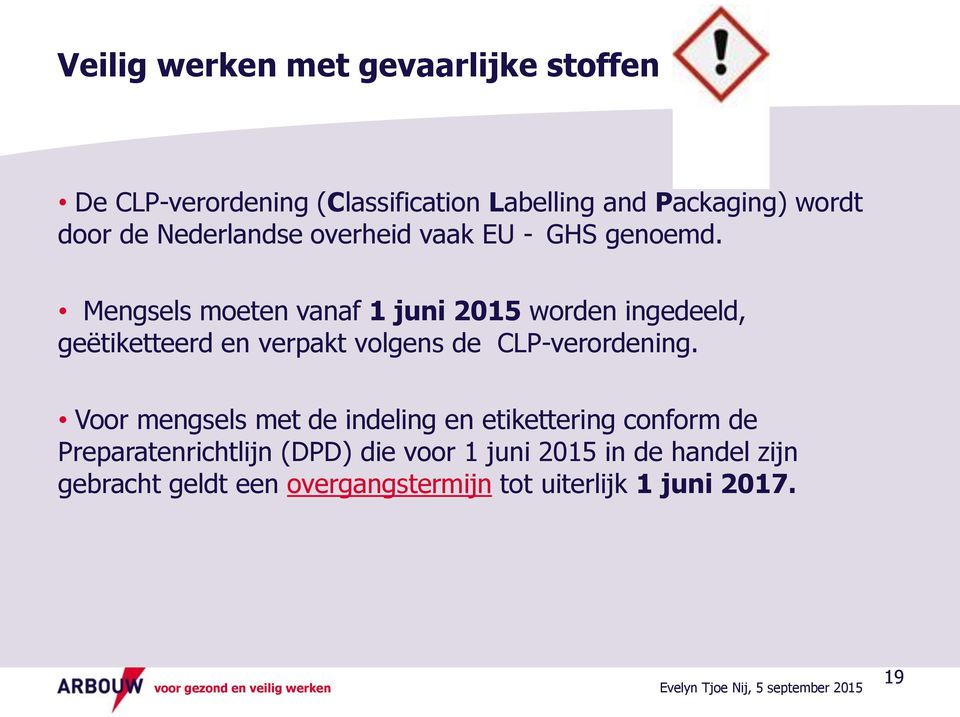 Mengsels moeten vanaf 1 juni 2015 worden ingedeeld, geëtiketteerd en verpakt volgens de CLP-verordening.