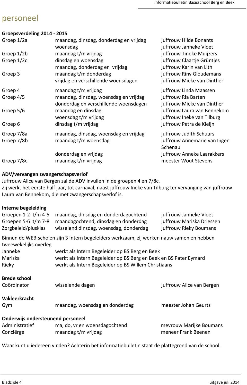 woensdagen juffrouw Mieke van Dinther Groep 4 maandag t/m vrijdag juffrouw Linda Maassen Groep 4/5 maandag, dinsdag, woensdag en vrijdag juffrouw Ria Barten donderdag en verschillende woensdagen