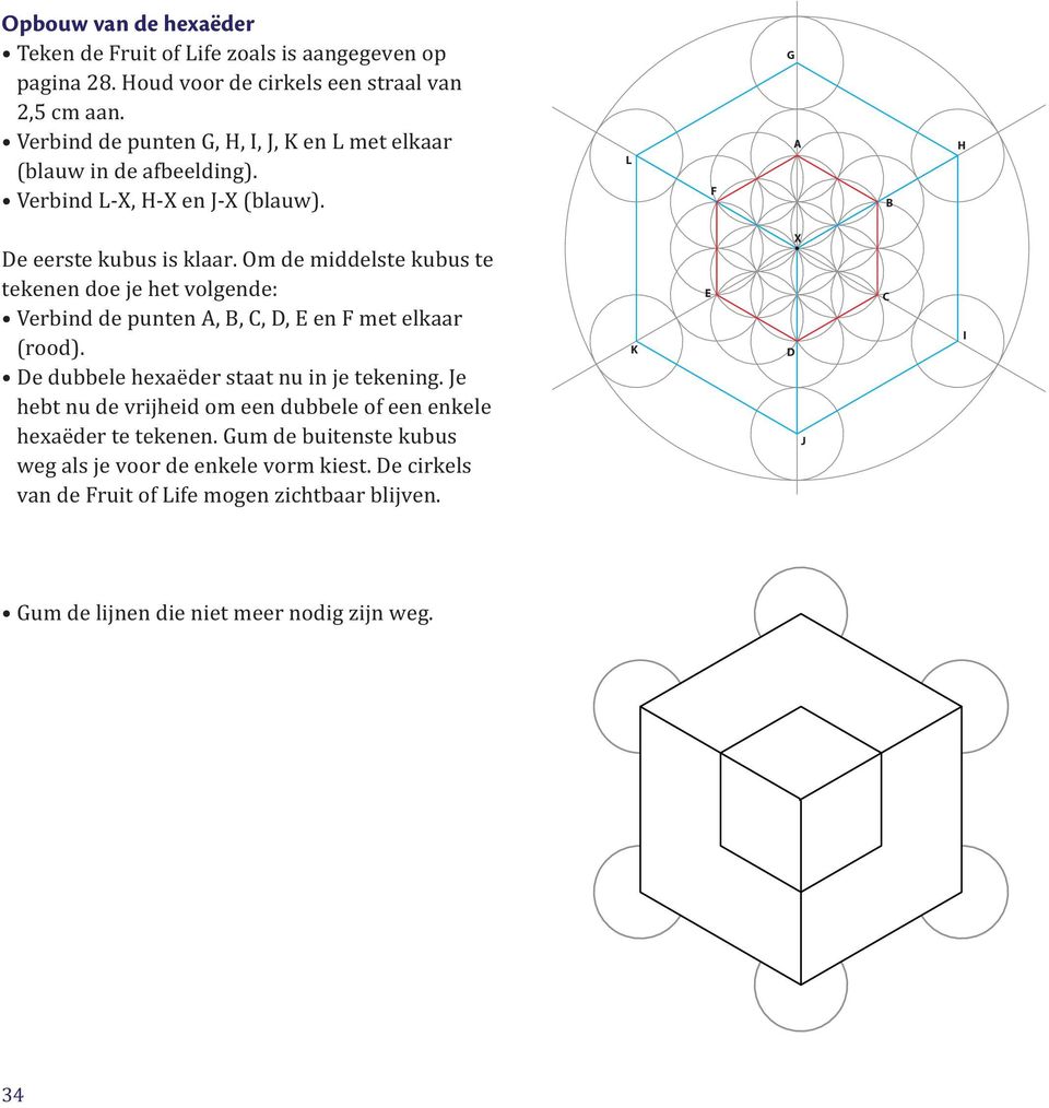 Om de middelste kubus te tekenen doe je het volgende: Verbind de punten A, B, C, D, E en F met elkaar (rood). De dubbele hexaëder staat nu in je tekening.