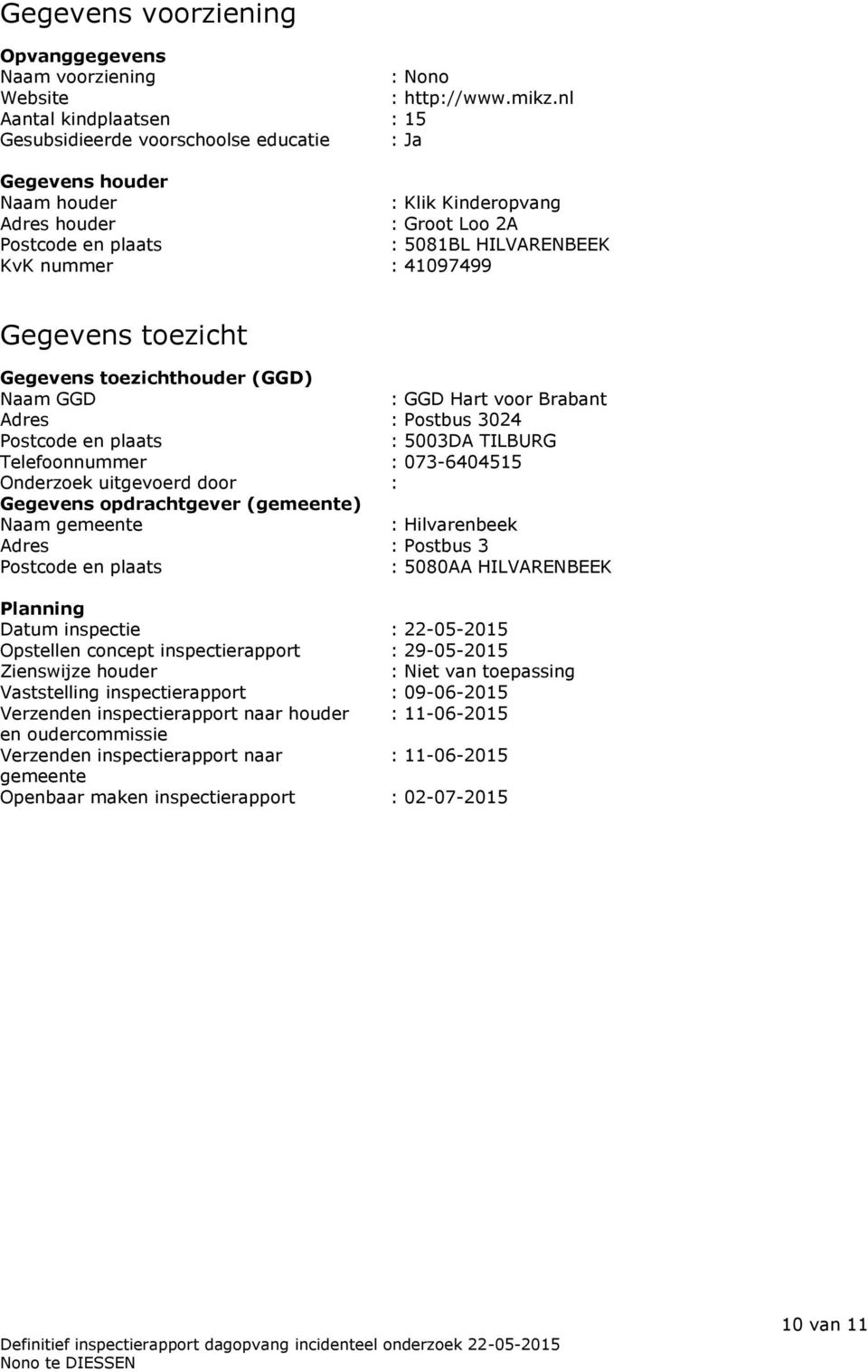 41097499 Gegevens toezicht Gegevens toezichthouder (GGD) Naam GGD : GGD Hart voor Brabant Adres : Postbus 3024 Postcode en plaats : 5003DA TILBURG Telefoonnummer : 073-6404515 Onderzoek uitgevoerd