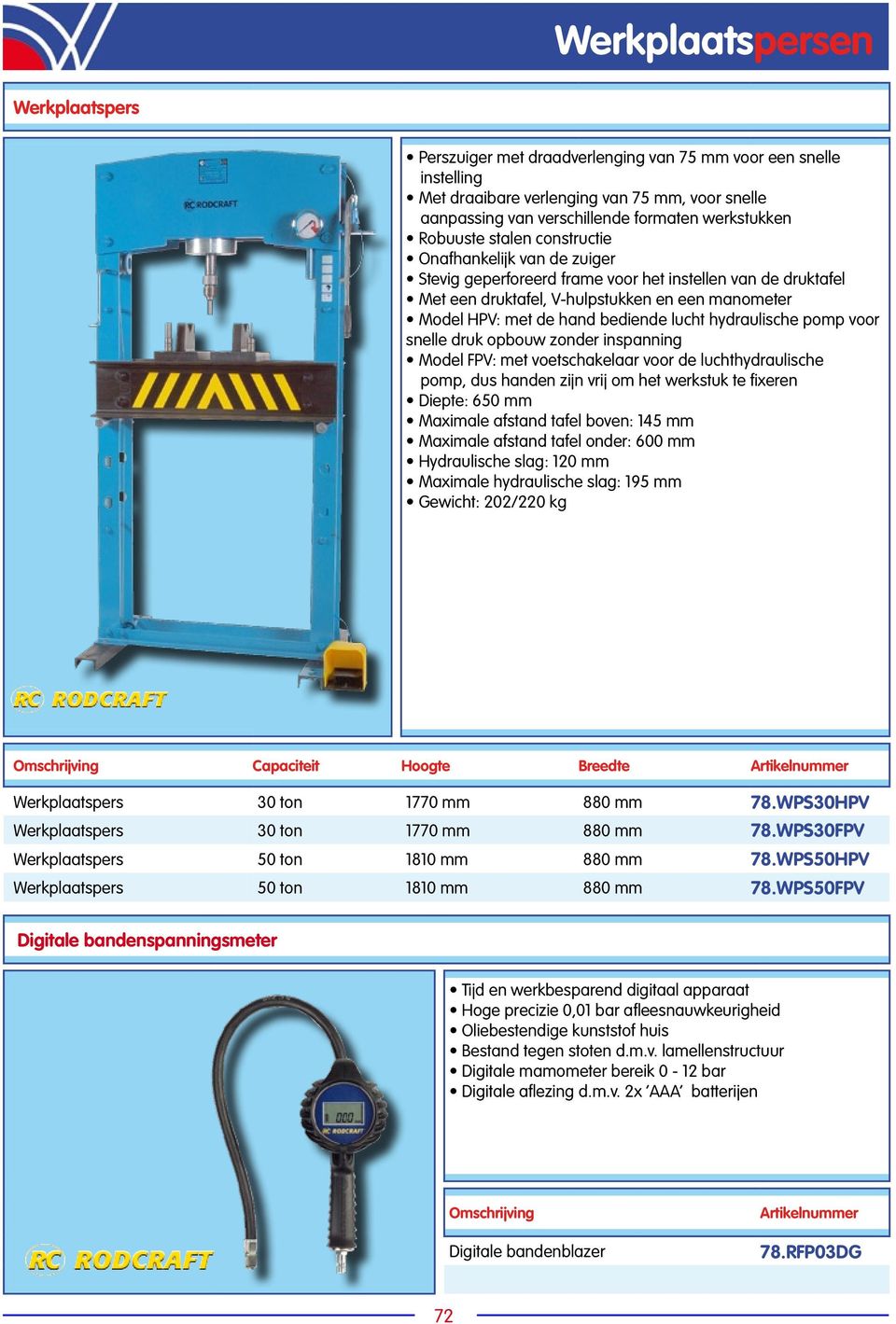 WPS30HPV 30 ton 1770 mm 880 mm 78.WPS30FPV 50 ton 1810 mm 880 mm 78.WPS50HPV 50 ton 1810 mm 880 mm 78.