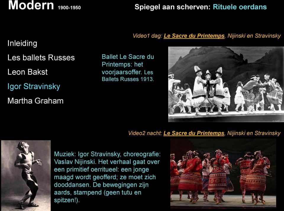 Video1 dag: Le Sacre du Printemps, Nijinski en Stravinsky Video2 nacht: Le Sacre du Printemps, Nijinski en