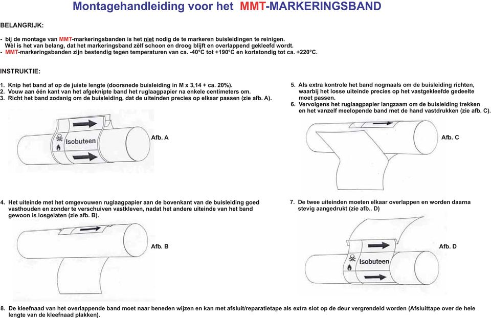 plakken). BELANGRIJK: - bij de montage van MMT-markeringsbanden is het niet nodig de te markeren buisleidingen te reinigen.