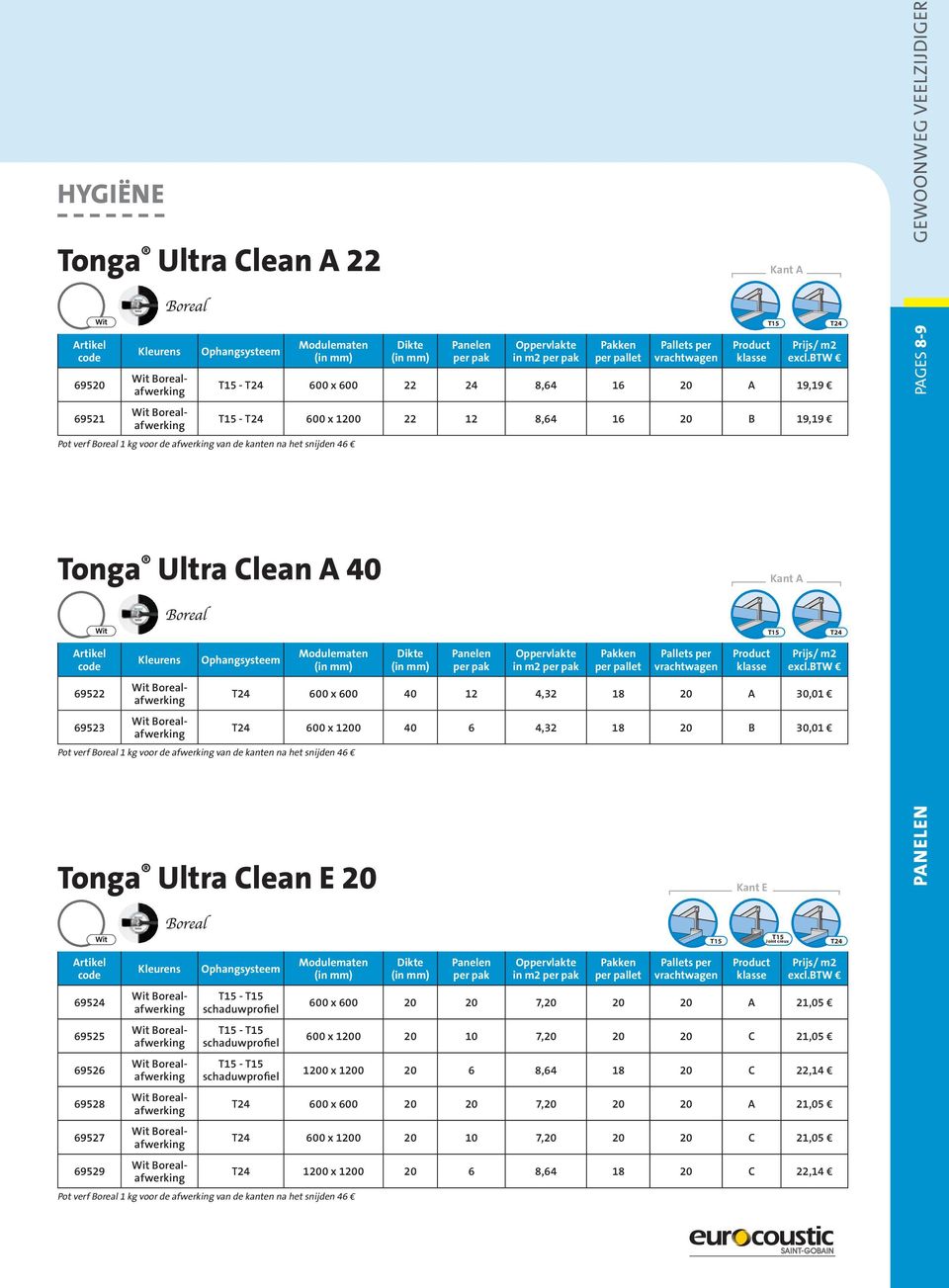 Ultra Clean E 20 in m2 T15 Kant A T24 T24 600 x 600 40 12 4,32 18 20 A 30,01 T24 600 x 1200 40 6 4,32 18 20 B 30,01 Kant E T15 T24 PANELEN PAGES 8-9 GEWOONWEG VEELZIJDIGER T15 T15 Joint creux T24