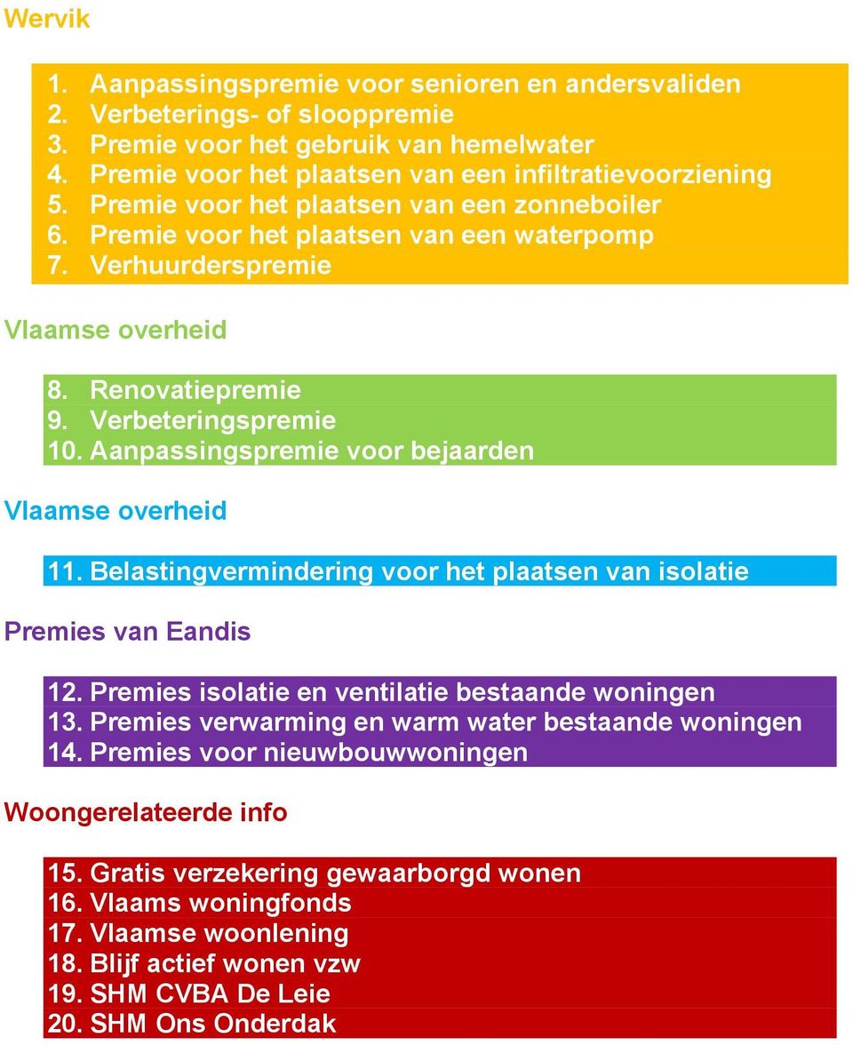 Aanpassingspremie voor bejaarden Vlaamse overheid 11. Belastingvermindering voor het plaatsen van isolatie Premies van Eandis 12. Premies isolatie en ventilatie bestaande woningen 13.