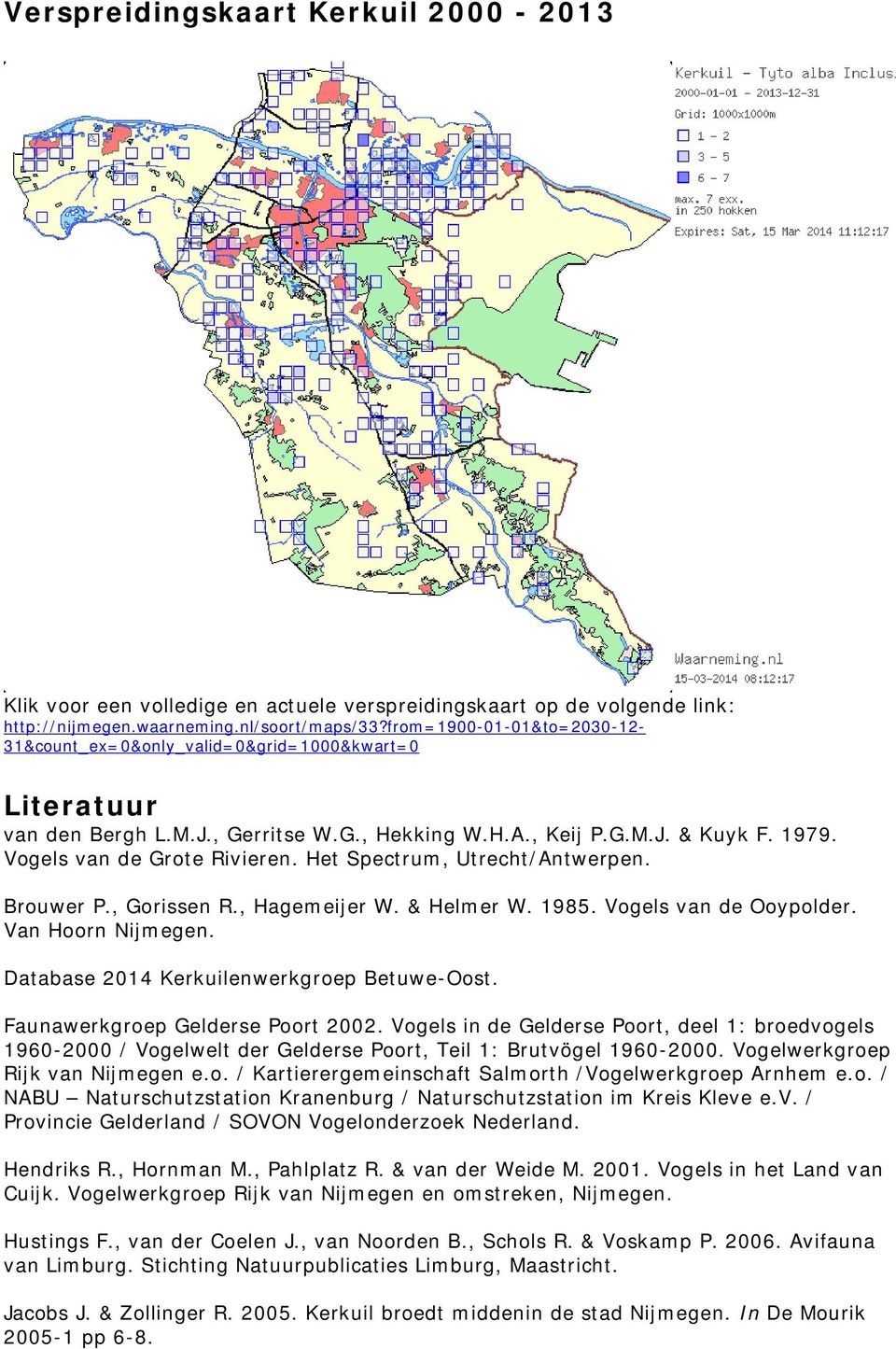 Het Spectrum, Utrecht/Antwerpen. Brouwer P., Gorissen R., Hagemeijer W. & Helmer W. 1985. Vogels van de Ooypolder. Van Hoorn Nijmegen. Database 2014 Kerkuilenwerkgroep Betuwe-Oost.