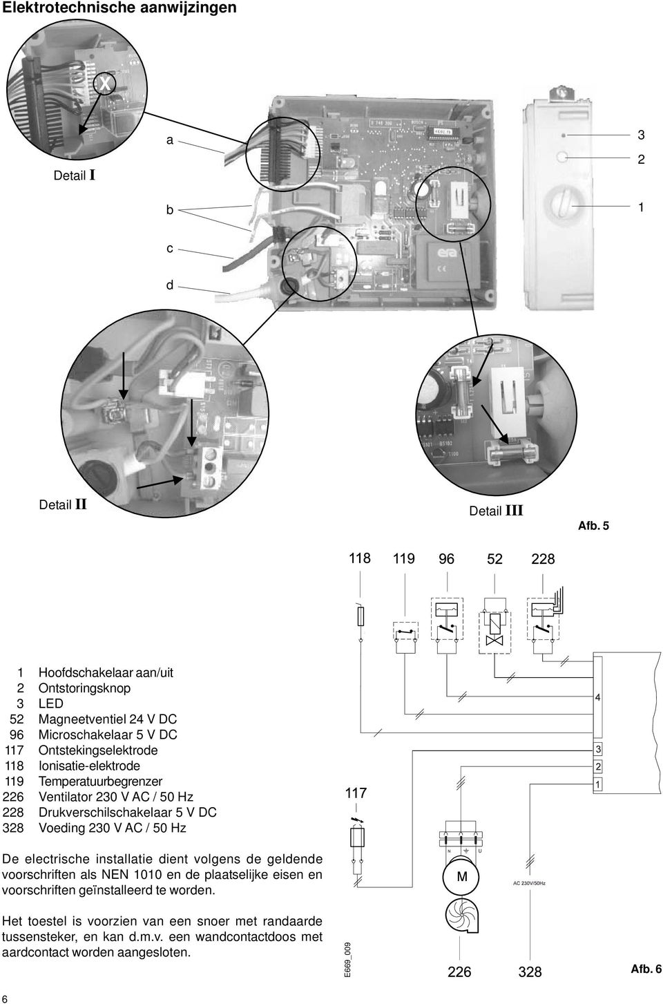 Temperatuurbegrenzer 226 Ventilator 230 V AC / 50 Hz 228 Drukverschilschakelaar 5 V DC 328 Voeding 230 V AC / 50 Hz De electrische installatie dient volgens de