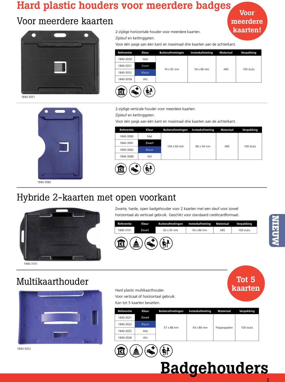 1840-3051 Zwart 1840-3052 Blauw 74 x 92 mm 54 x 86 mm ABS 1840-3058 Wit 1840-3051 2-zijdige verticale houder voor meerdere kaarten. Zijsleuf en kettinggaten.