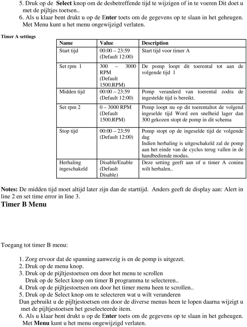 Timer A settings Name Value Description Start tijd 00:00 23:59 Start tijd voor timer A 12:00) Set rpm 1 300 3000 RPM 1500.RPM) Midden tijd 00:00 23:59 12:00) Set rpm 2 0 3000 RPM 1500.