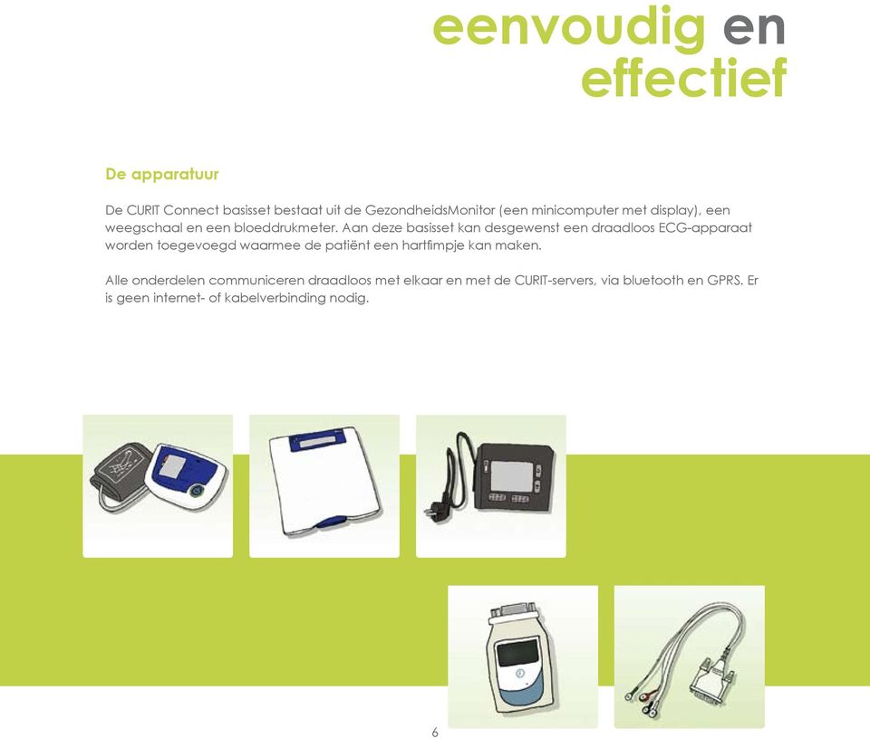 Aan deze basisset kan desgewenst een draadloos ECG-apparaat worden toegevoegd waarmee de patiënt een