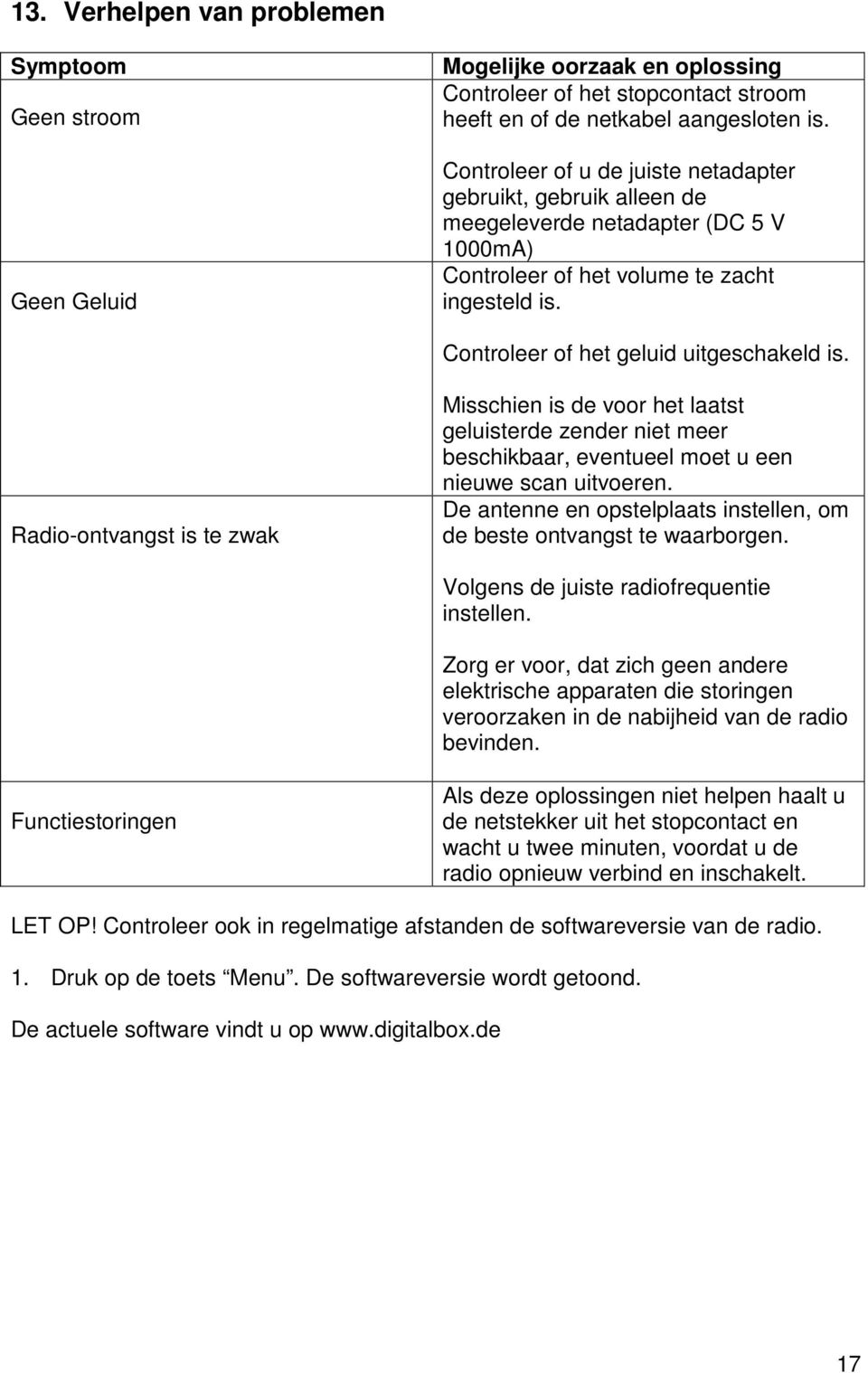 Radio-ontvangst is te zwak Misschien is de voor het laatst geluisterde zender niet meer beschikbaar, eventueel moet u een nieuwe scan uitvoeren.