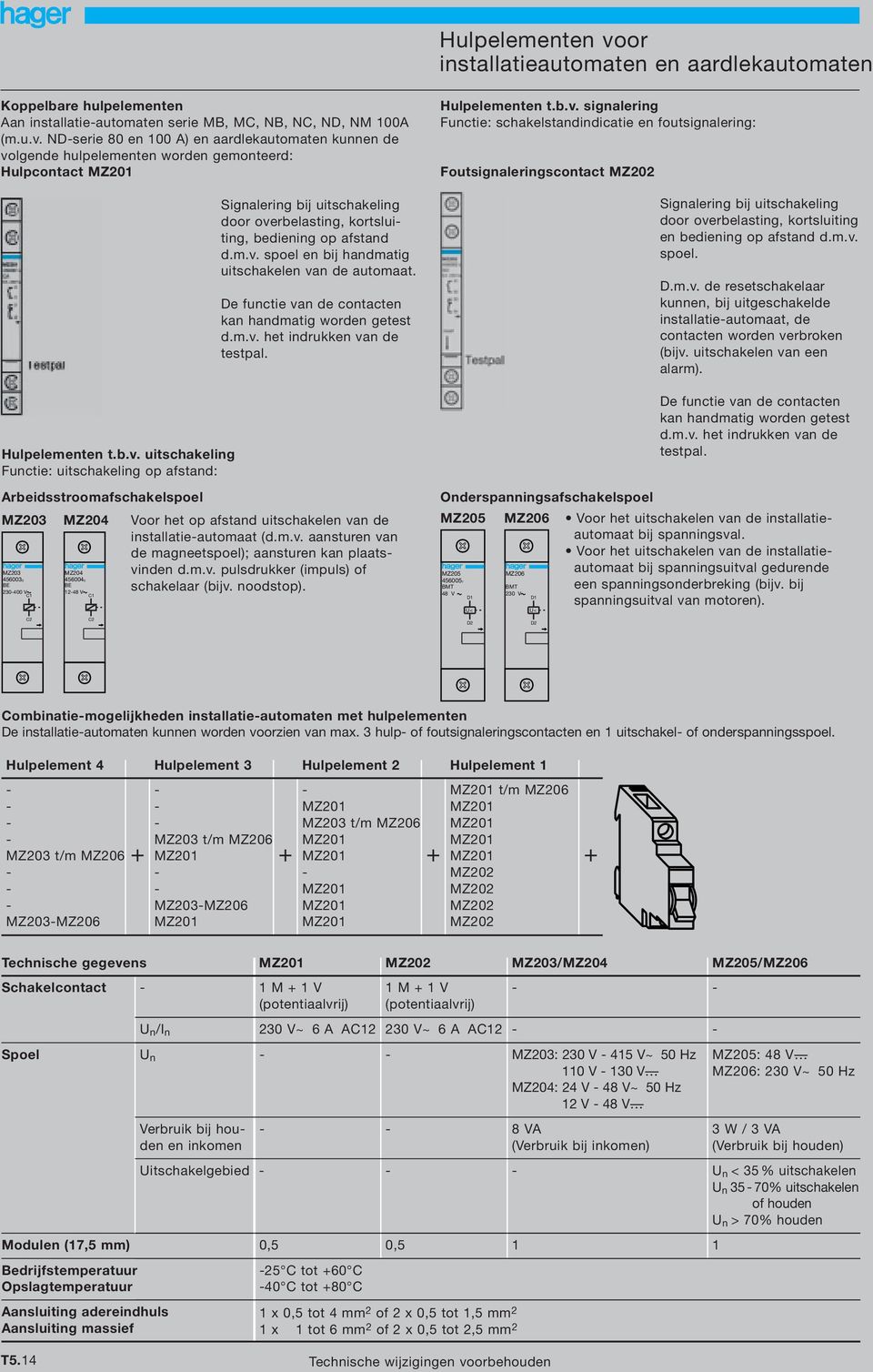 NDserie 80 en 00 A) en aardlekautomaten kunnen de volgende hulpelementen worden gemonteerd: Hulpcontact MZ0 Signalering bij uitschakeling door overbelasting, kortsluiting, bediening op afstand d.m.v. spoel en bij handmatig uit van de automaat.