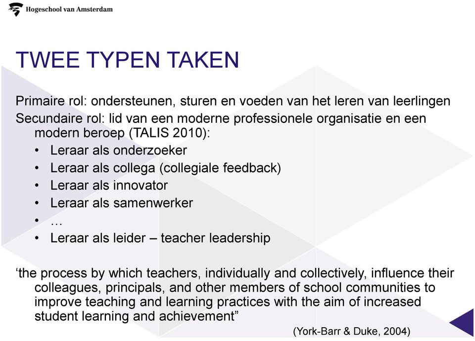 samenwerker Leraar als leider teacher leadership the process by which teachers, individually and collectively, influence their colleagues, principals,