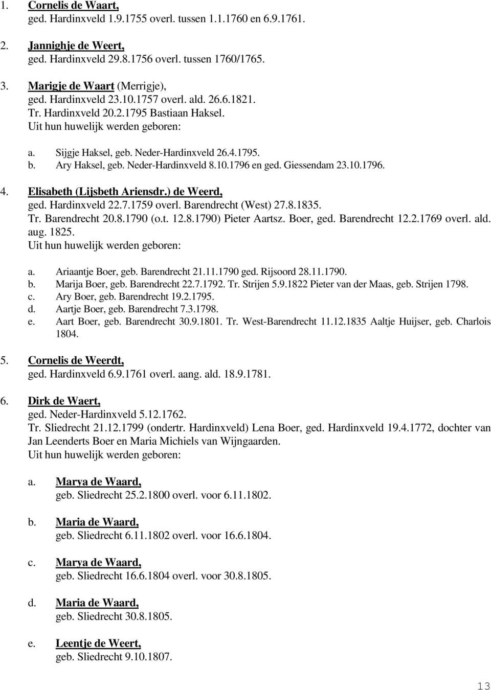 Giessendam 23.10.1796. 4. Elisabeth (Lijsbeth Ariensdr.) de Weerd, ged. Hardinxveld 22.7.1759 overl. Barendrecht (West) 27.8.1835. Tr. Barendrecht 20.8.1790 (o.t. 12.8.1790) Pieter Aartsz. Boer, ged.