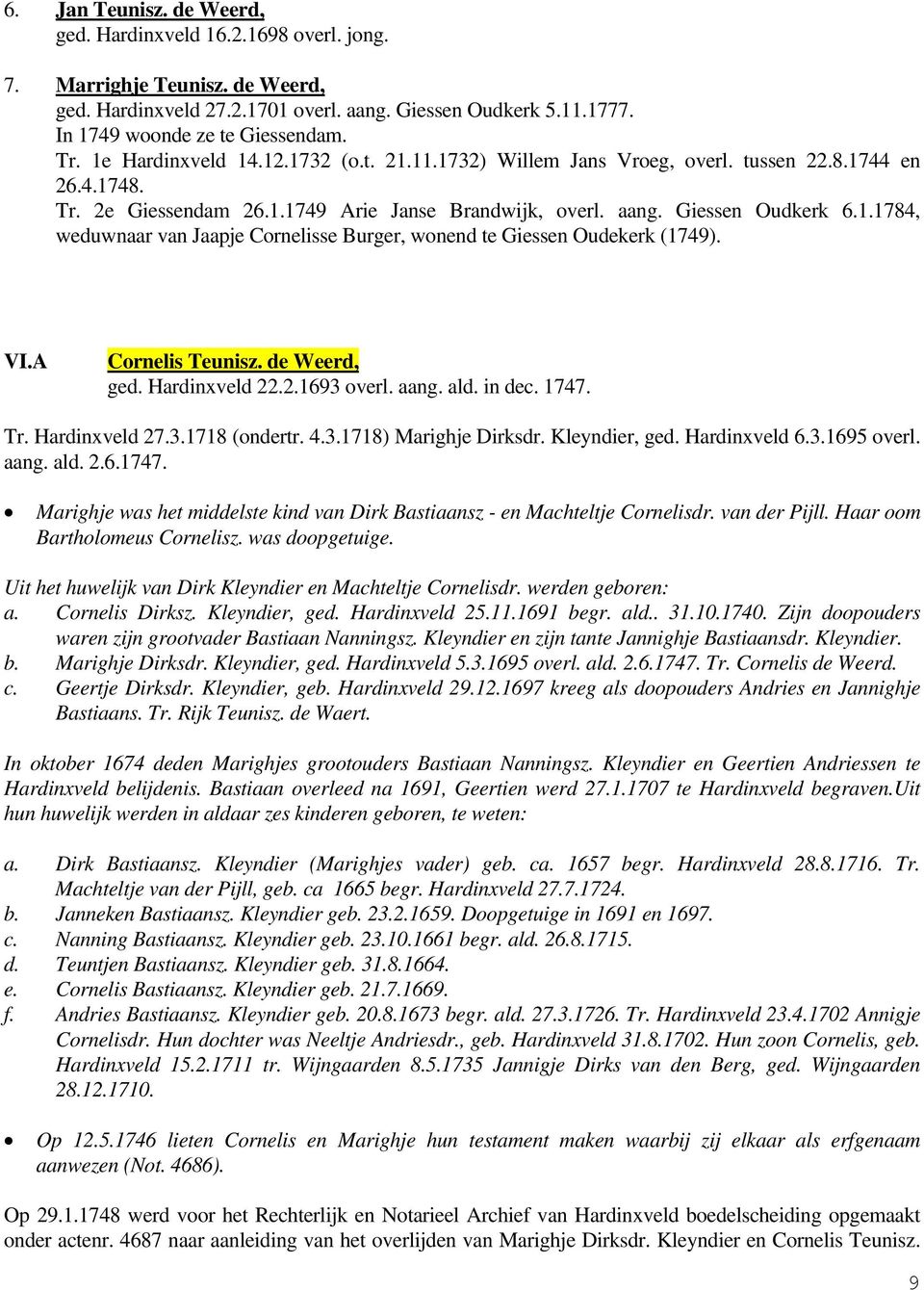 VI.A Cornelis Teunisz. de Weerd, ged. Hardinxveld 22.2.1693 overl. aang. ald. in dec. 1747. Tr. Hardinxveld 27.3.1718 (ondertr. 4.3.1718) Marighje Dirksdr. Kleyndier, ged. Hardinxveld 6.3.1695 overl.