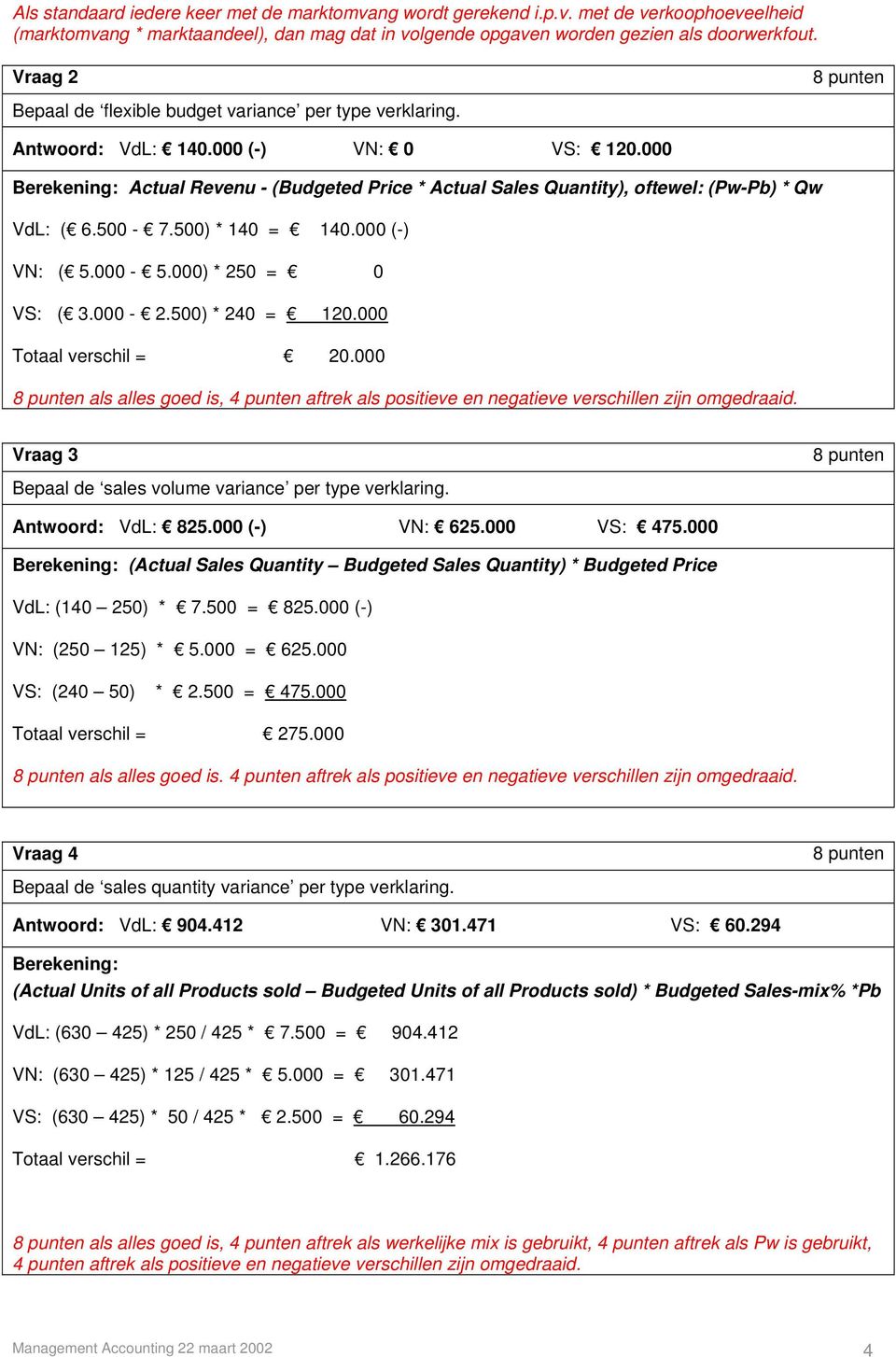 500-7.500) * 140 = 140.000 (-) VN: ( 5.000-5.000) * 250 = 0 VS: ( 3.000-2.500) * 240 = 120.000 Totaal verschil = 20.