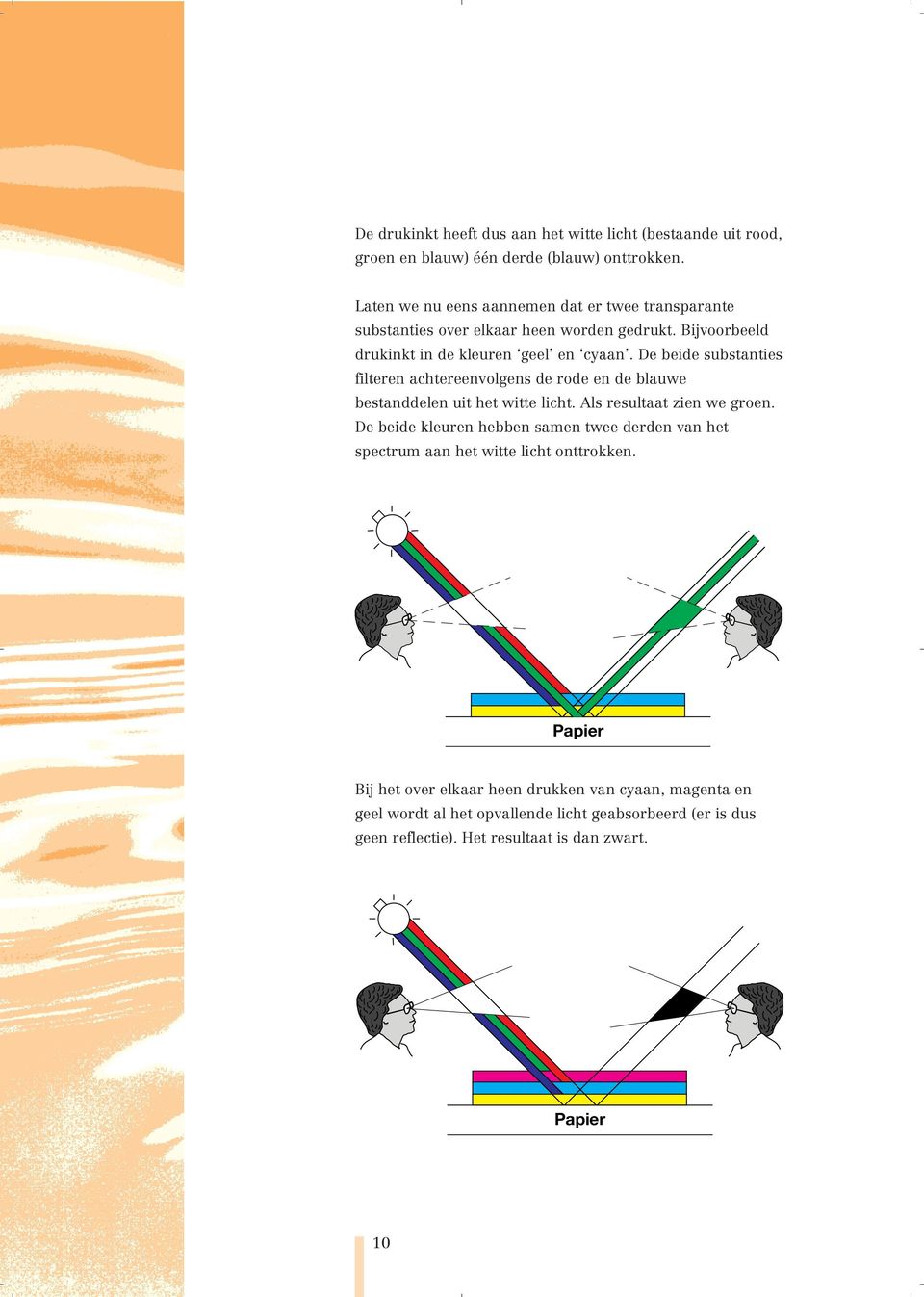 De beide substanties filteren achtereenvolgens de rode en de blauwe bestanddelen uit het witte licht. Als resultaat zien we groen.