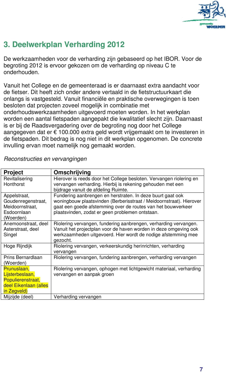 Vanuit financiële en praktische overwegingen is toen besloten dat projecten zoveel mogelijk in combinatie met onderhoudswerkzaamheden uitgevoerd moeten worden.