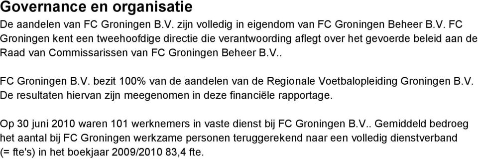 FC Groningen kent een tweehoofdige directie die verantwoording aflegt over het gevoerde beleid aan de Raad van Commissarissen van FC Groningen Beheer B.V.